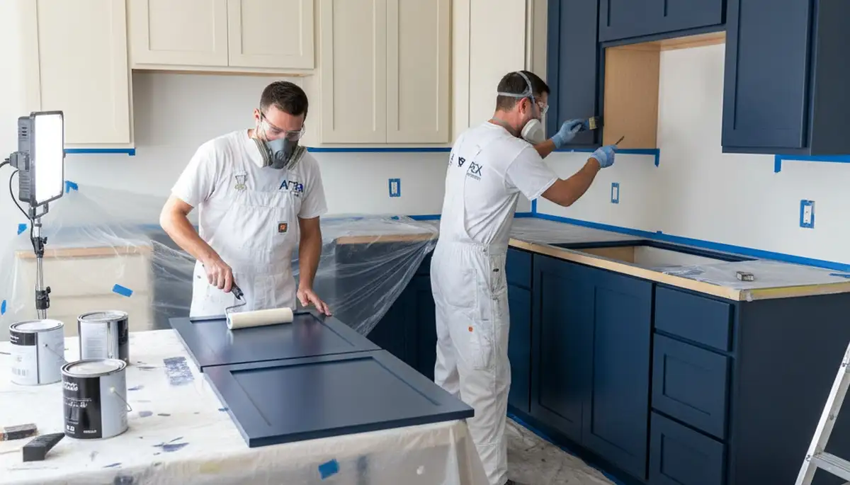 Professional kitchen cabinet painting service in Houston, TX with smooth refinished white cabinets