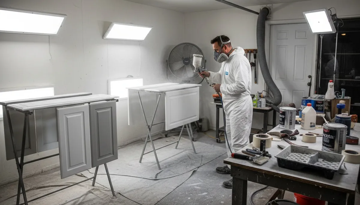 Professional painters refinishing Houston kitchen cabinets with smooth, durable spray finish