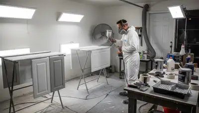 Professional painters refinishing Houston kitchen cabinets with smooth, durable spray finish