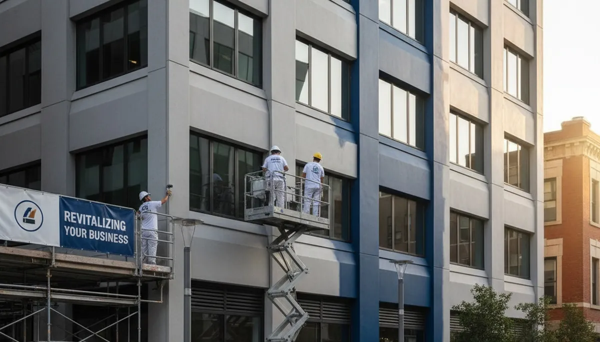 Professional commercial building painters in Houston TX applying durable exterior paint finish