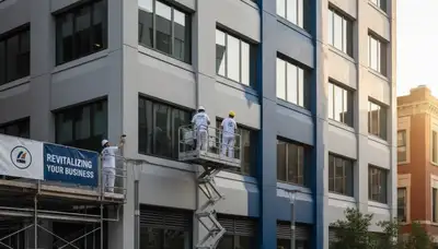 Professional commercial building painters in Houston TX applying durable exterior paint finish