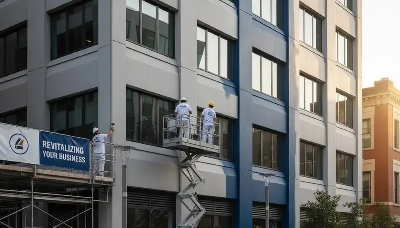 Professional commercial building painters in Houston TX applying durable exterior paint finish