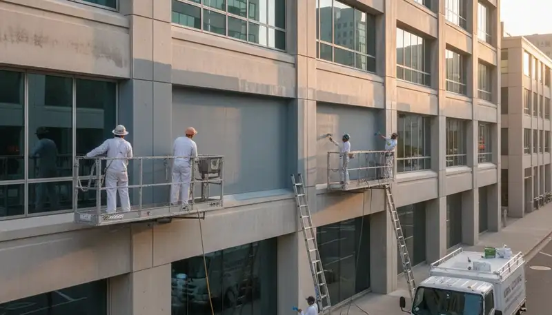 Professional commercial painters at work on an office exterior in Houston, TX