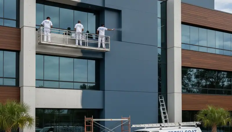Professional commercial building painters in Houston, TX applying durable exterior coatings