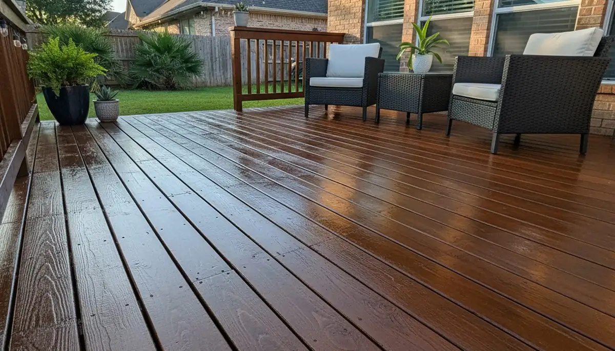 Finished deck staining in Houston, TX showcasing rich wood color and weather-protective professional finish
