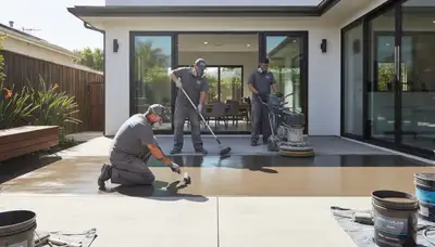 Professional concrete staining on patio in Houston TX by expert house painters for durable finish