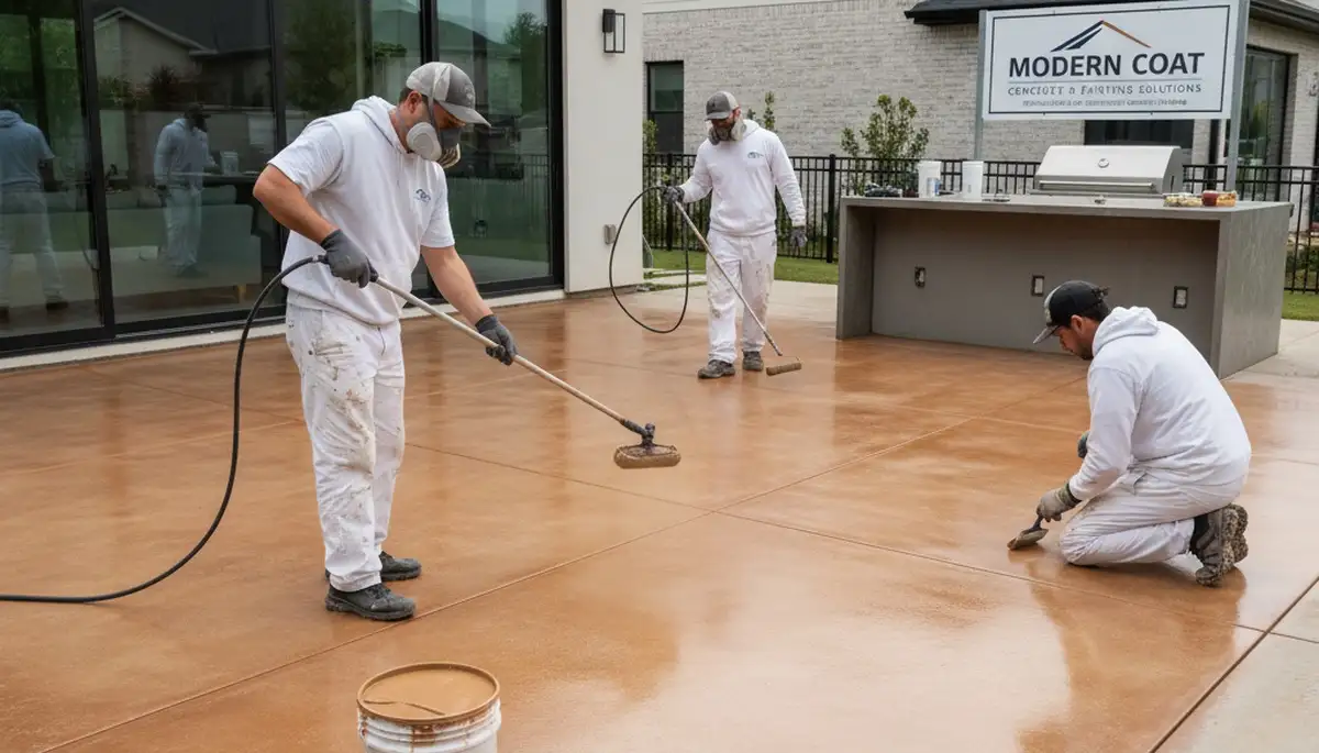 Professional concrete staining on residential patio in Houston, TX by expert house painters