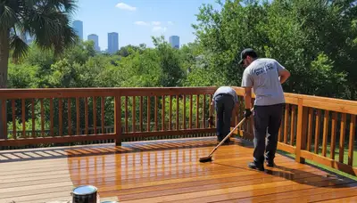Professional deck staining in Houston TX enhancing wood color and protecting against UV and moisture damage