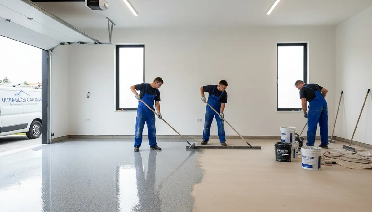 Contractor applying epoxy floor coating in Houston TX garage for durable commercial finish