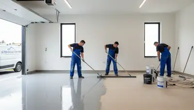 Contractor applying epoxy floor coating in Houston TX garage for durable commercial finish