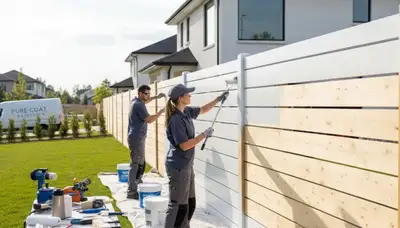 Professional fence painting in Houston, TX by expert house painters protecting wood from weather damage