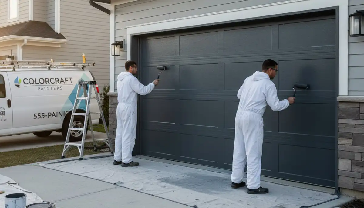 Professional painters finishing a garage door in Houston TX with durable weather-resistant paint