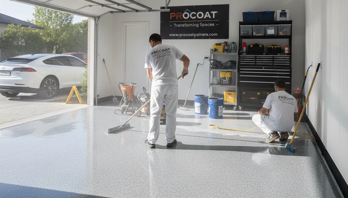Epoxy garage floor coating in Houston TX with glossy durable finish by local painting contractors