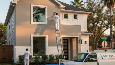 Professional house painters applying exterior paint on a Houston TX home façade