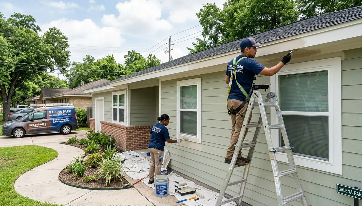 Professional house painters working on exterior home in Houston, TX