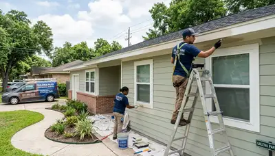 Professional house painters working on exterior home in Houston, TX