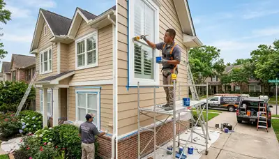 Professional house painters working on exterior home painting project in Houston TX
