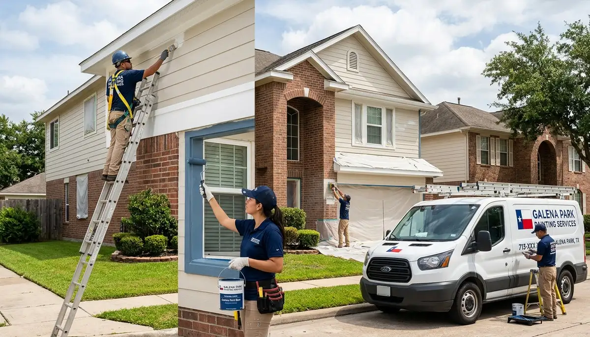 Professional house painters working on residential exterior in Houston, TX