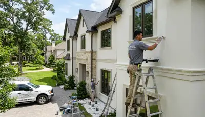 Professional house painters in Houston TX applying exterior paint to a two-story home façade
