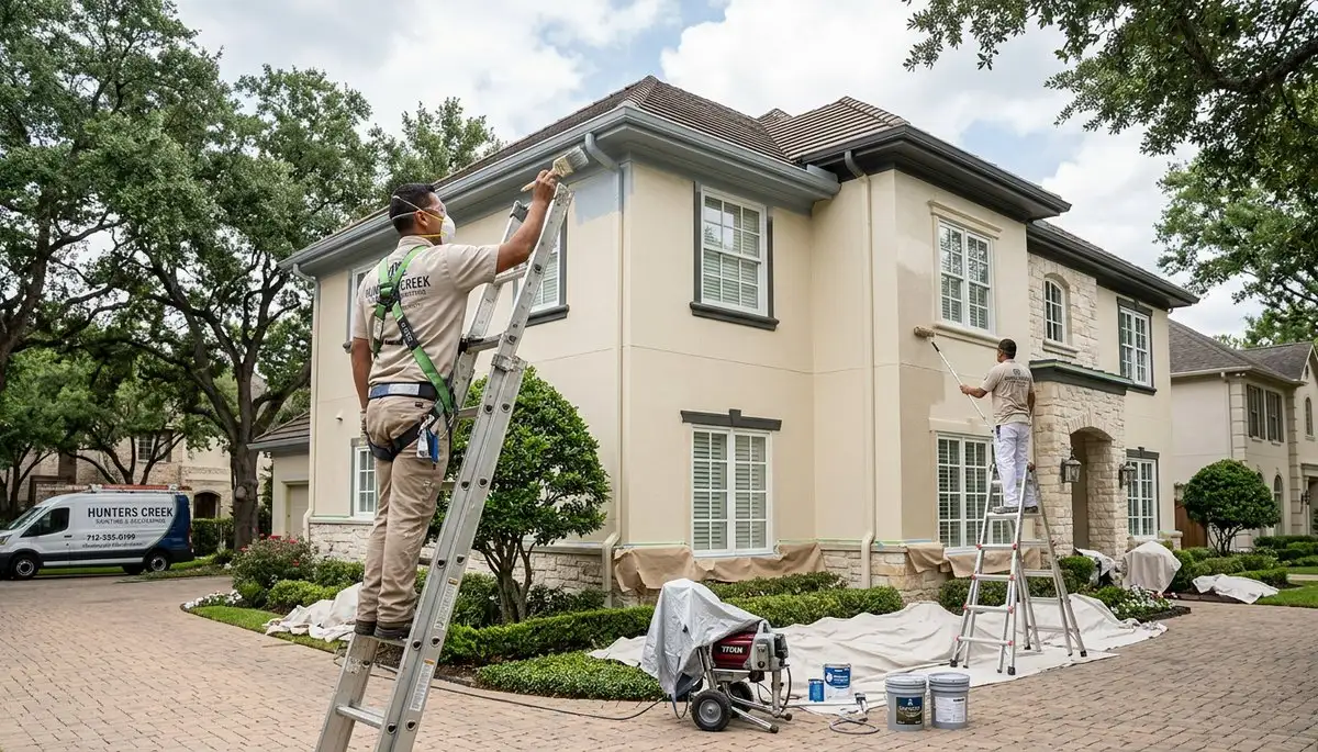 Professional house painters in Houston TX applying exterior paint to a two-story home