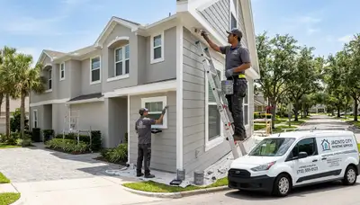 Professional house painters finishing exterior home in Houston, TX
