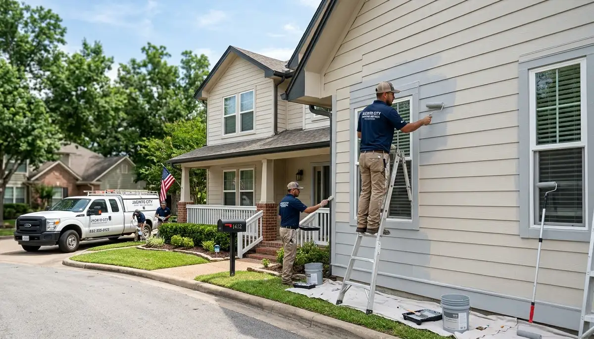 Professional house painters working on residential exterior in Houston TX