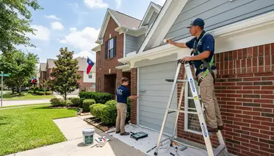 Professional house painters in Houston TX applying exterior paint to a residential home façade