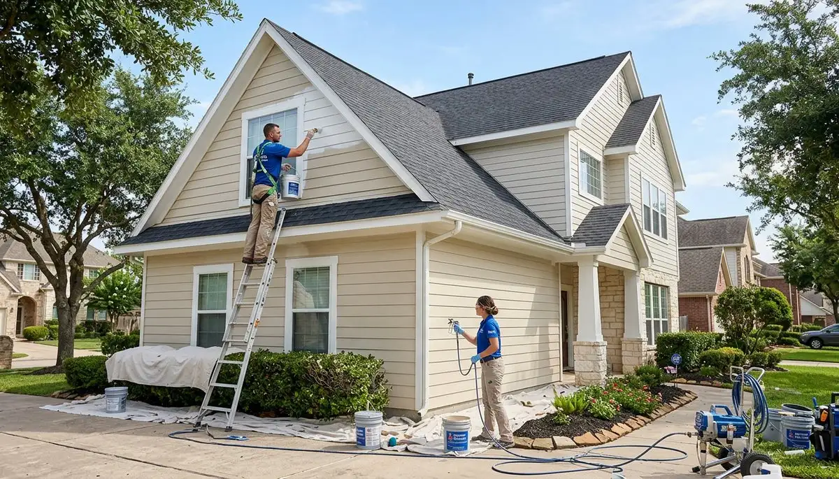 Professional house painters working on residential exterior in Houston, TX