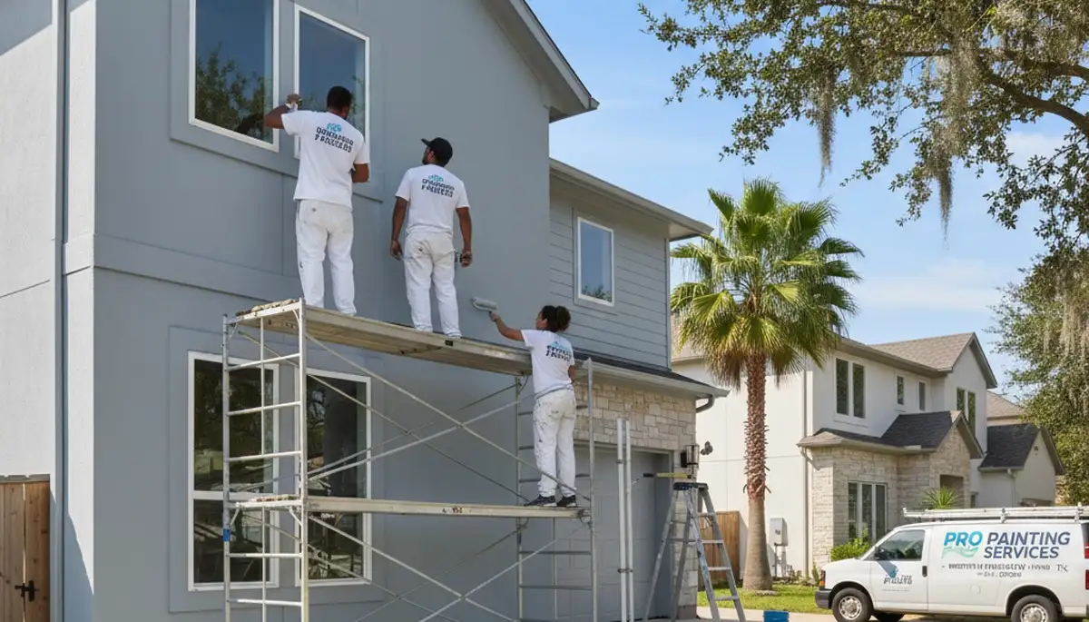 Houston, TX house painting service team preparing a home exterior for a professional paint job