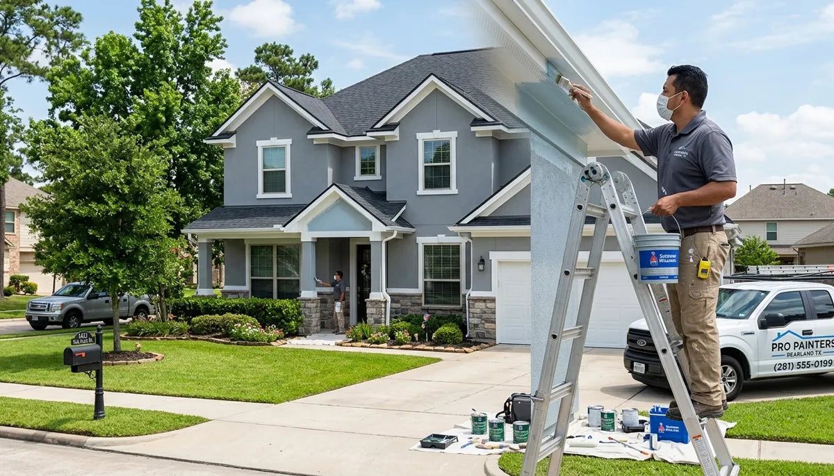 Professional house painters finishing exterior home in Houston, TX
