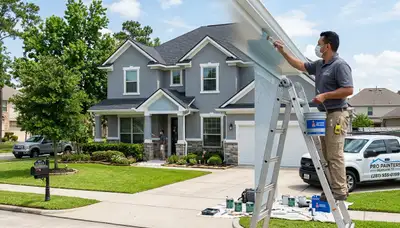 Professional house painters finishing exterior home in Houston, TX