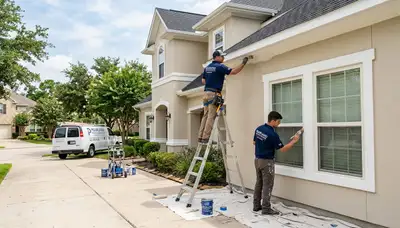 Professional house painters applying exterior paint to a Houston TX home exterior