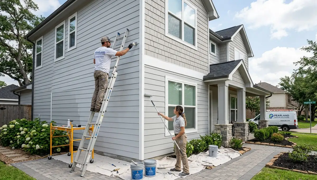 Professional house painters working on exterior home repaint in Houston TX