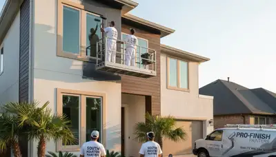 Houston TX house painting service team painting exterior home siding with professional equipment
