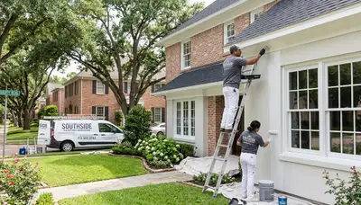 Professional house painters working on exterior home repaint in Houston, TX