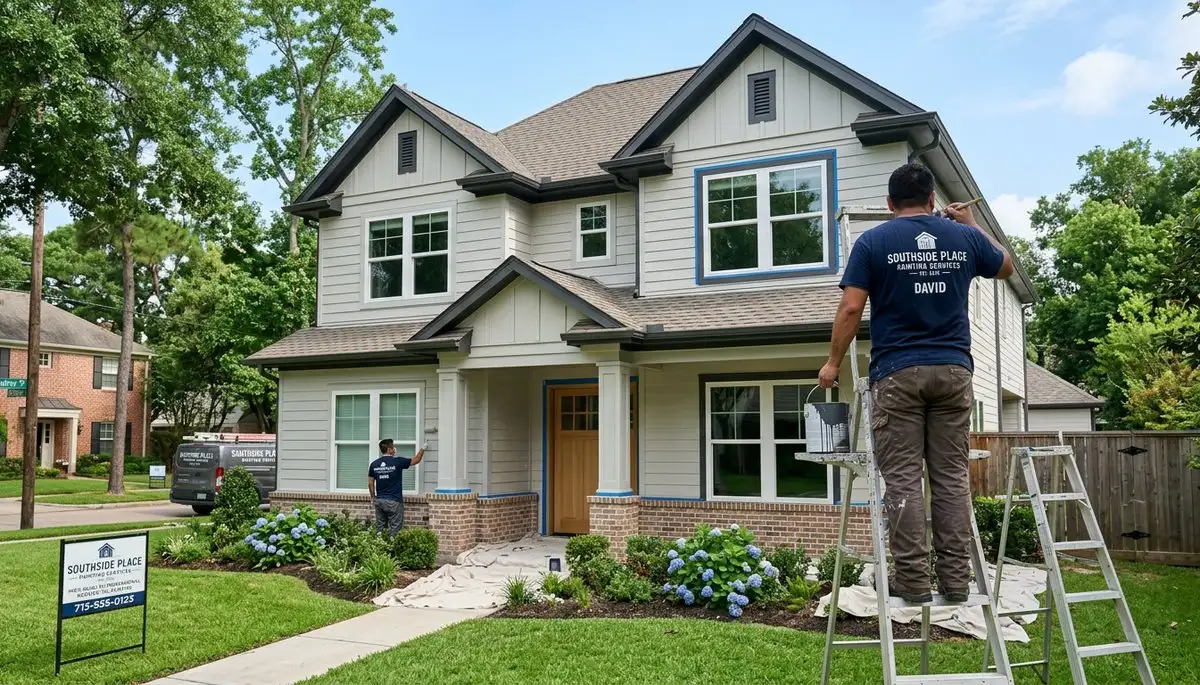 Professional house painters finishing exterior home painting in Houston, TX
