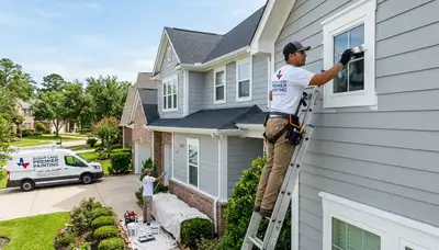 Professional house painters working on a residential exterior in Houston, TX