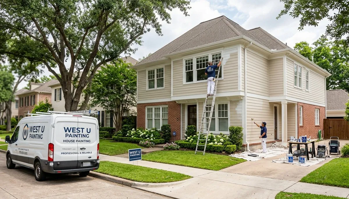 Professional house painters finishing exterior home in Houston, TX