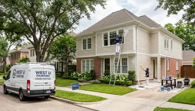 Professional house painters finishing exterior home in Houston, TX