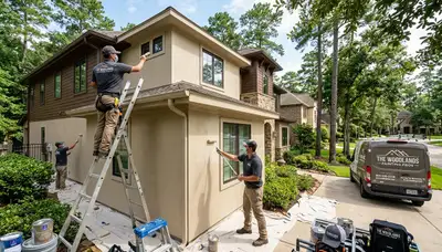 Professional house painters working on exterior home in Houston, TX