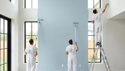Professional interior house painters applying wall color in Houston, TX living room