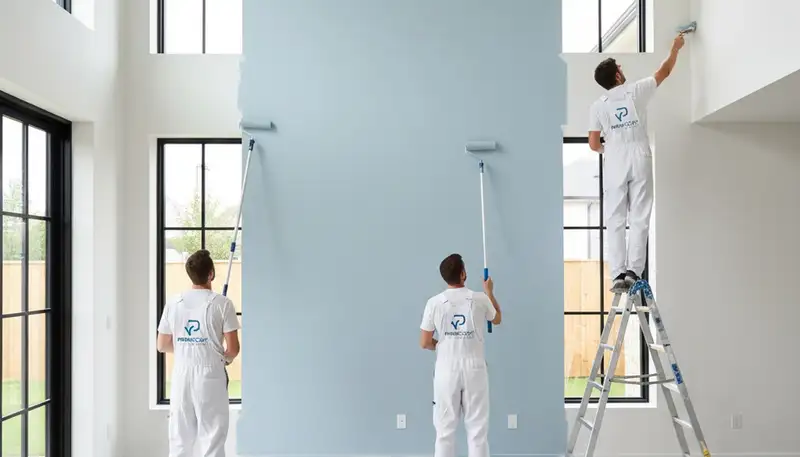 Professional interior house painters applying wall color in Houston, TX living room