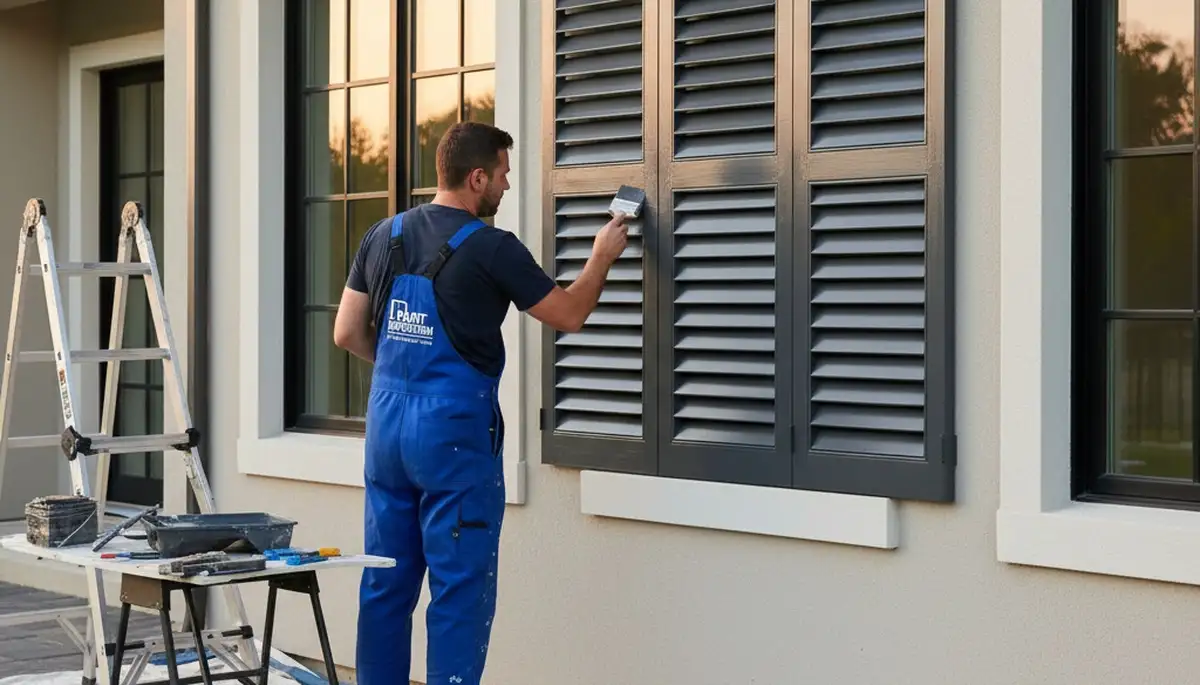 Professional shutter painters refinishing exterior shutters in Houston, TX for durable, sun-resistant finish