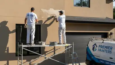 Professional stucco repair on Houston TX home exterior by expert house painters restoring damaged walls