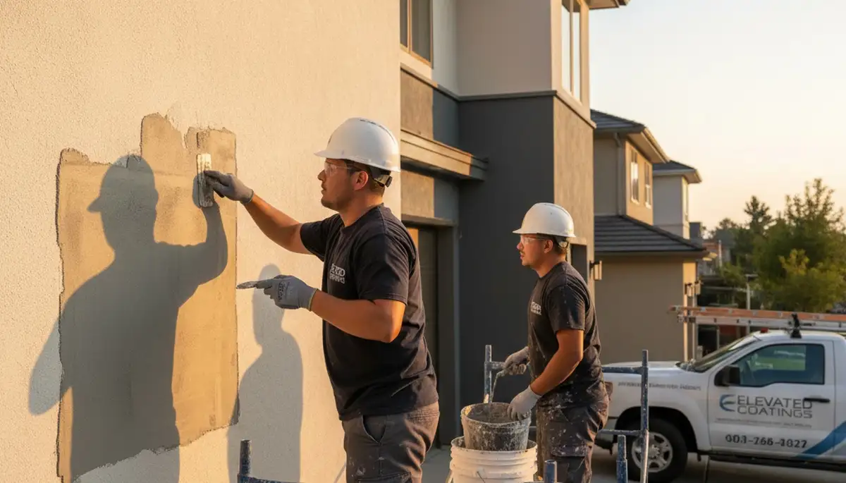 Professional stucco repair on Houston TX home exterior by expert house painters restoring smooth finish