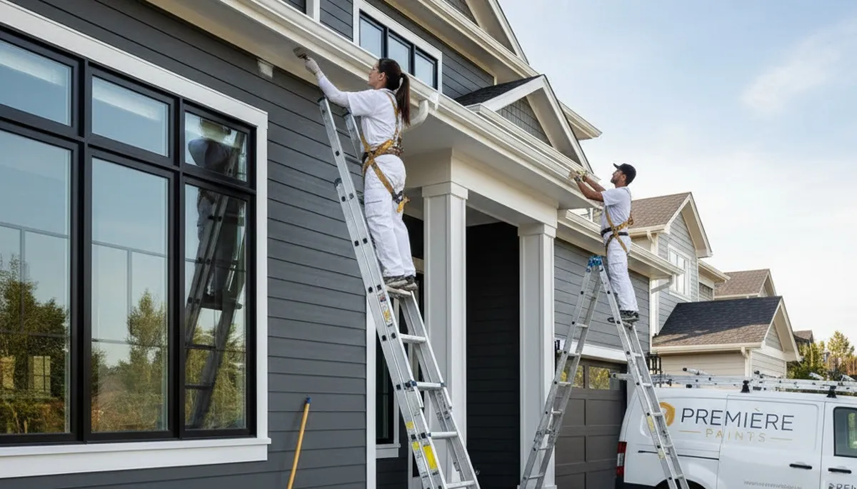 Professional trim and fascia painting on Houston TX home exterior by expert house painters