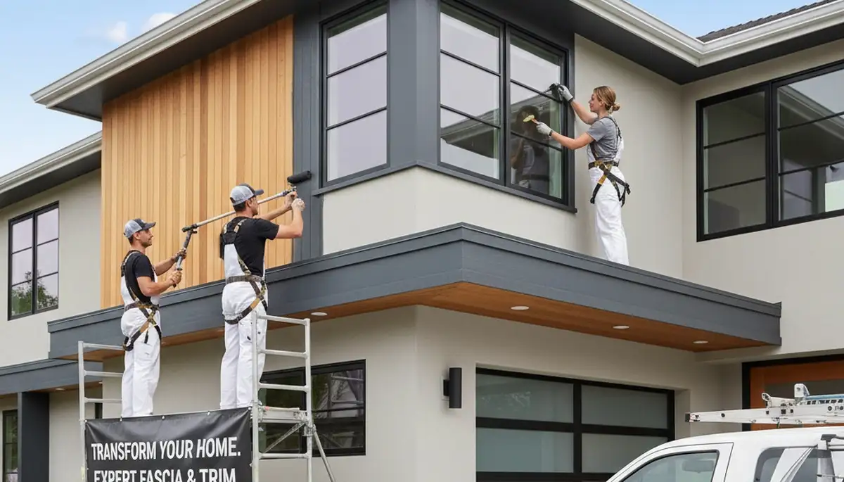 Professional trim and fascia painting on Houston TX home exterior by expert house painters