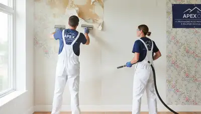Professional wallpaper removal service in Houston TX by expert house painters prepping walls for paint