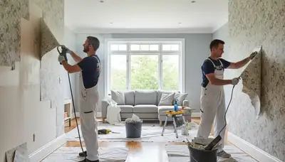 Professional wallpaper removal service in Houston TX preparing interior walls for new paint