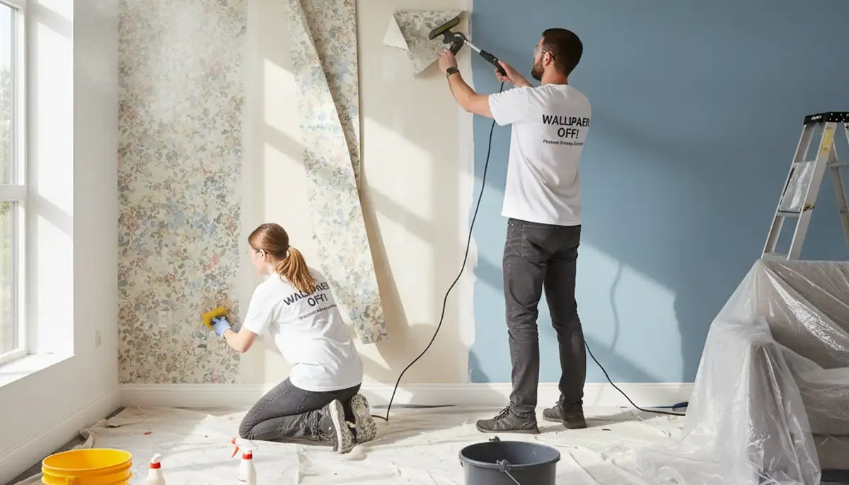 Professional wallpaper removal service in Houston, TX preparing interior walls for fresh paint